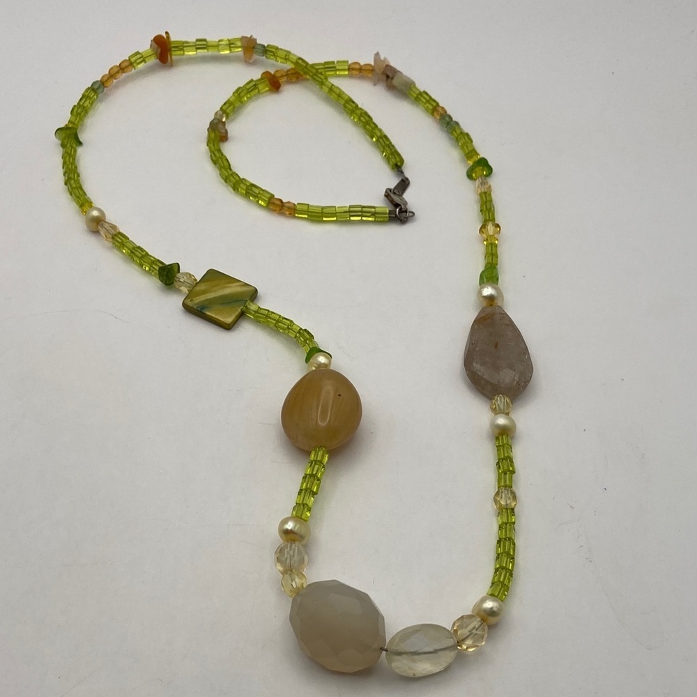 Handmade Sterling Silver 925 Green Seed Pearl Agate Beaded Necklace Bohemian